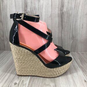 Michael Kors Wedge Sandals Womens 9M Gabriella Black Patent Leather Buckle Shoes